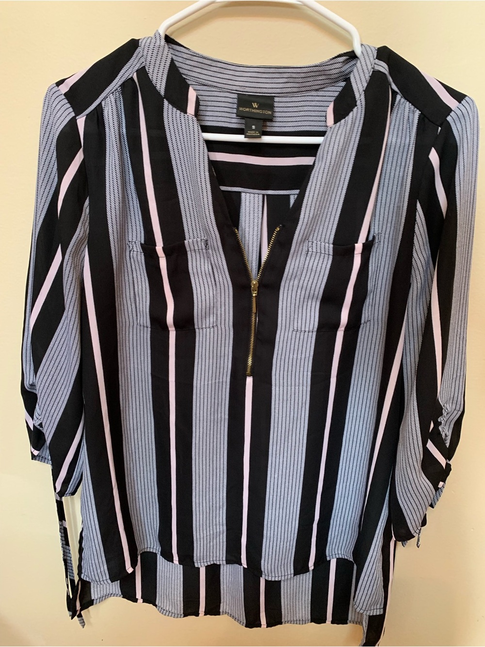 Worthington Black, Pink & Light Gray Vertical Stripe Zip Tunic